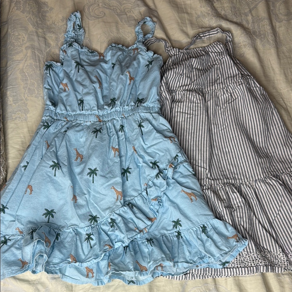 Janie and Jack Blue Palm Print and Gray Striped Dresses